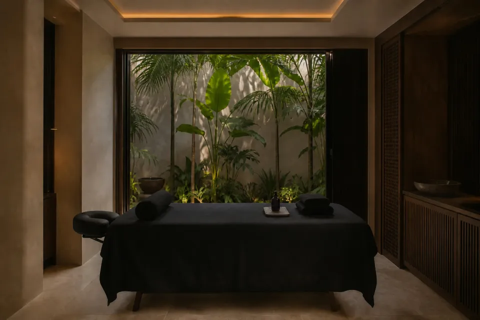 Cabina privada Ohara Spa con camilla negra, cabezal profesional y jardín tropical